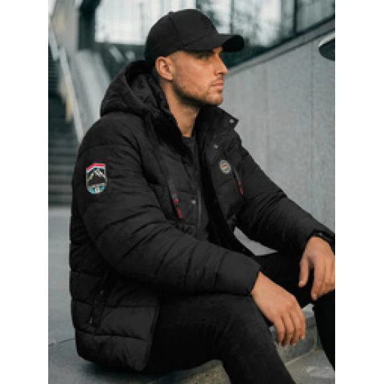 Vīriešu melna jaka ar kapuci Hari Ziemas jakas