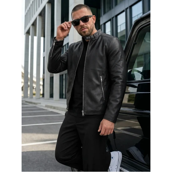 Vīriešu melna ādas jaka Storm