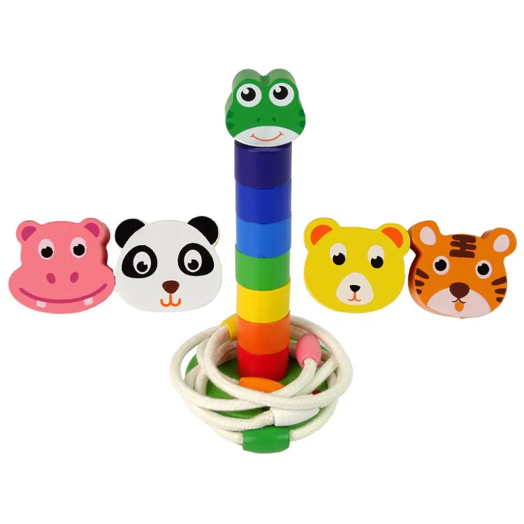 Koka piramīda Izglītojoša string puzzle Dzīvnieki Koka rotaļlietas