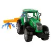 Zaļš traktors ar oranžu un zilu grābekļa berzes piedziņu