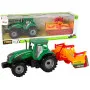 Zaļš traktors ar oranžu kultivatoru bērniem