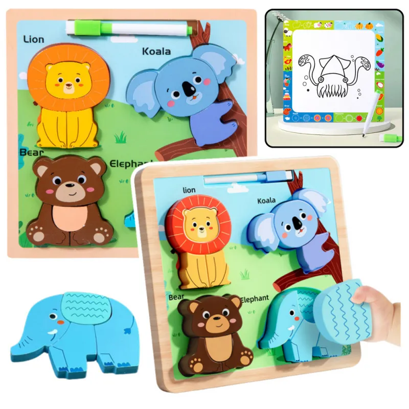 Puzzle Board 2in1 koka izglītojošs marķieris savvaļas dzīvniekiem