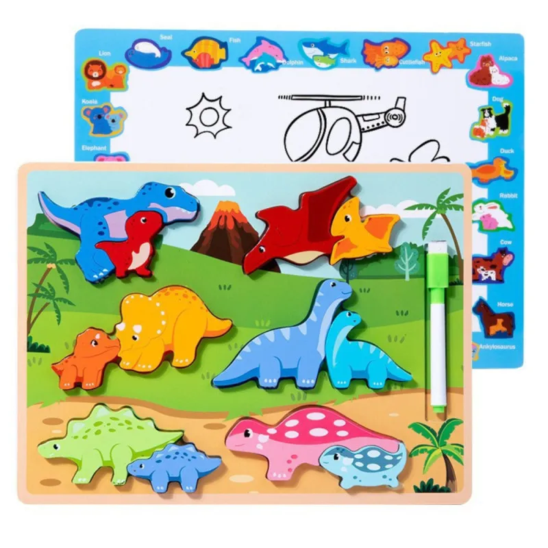 Mīklu tāfele 2in1 Koka izglītojošs marķieris Dinozauri 12gab.