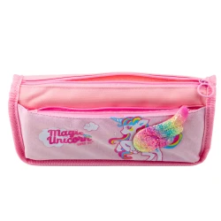 Rozā skolas penālis ar 3D vienradža motīvu 21,5 x 9 cm