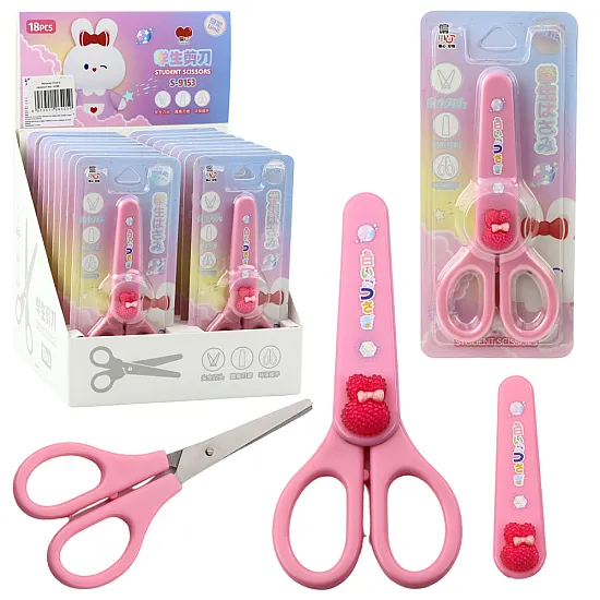 School Scissors With Cover Decorative Pink Bunny 14cm Kancelejas preces