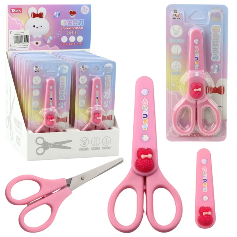 School Scissors With Cover Decorative Pink Bunny 14cm Kancelejas preces