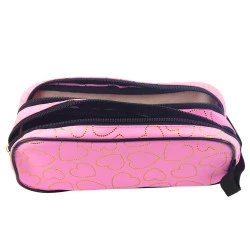 Rozā zīmuļlieta ar diviem nodalījumiem ar zelta sirsniņām, 23,5 x 10 cm