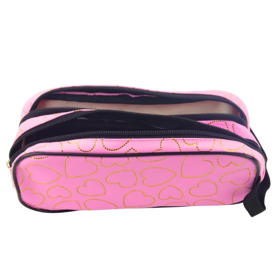 Rozā zīmuļlieta ar diviem nodalījumiem ar zelta sirsniņām, 23,5 x 10 cm Vimpeļi