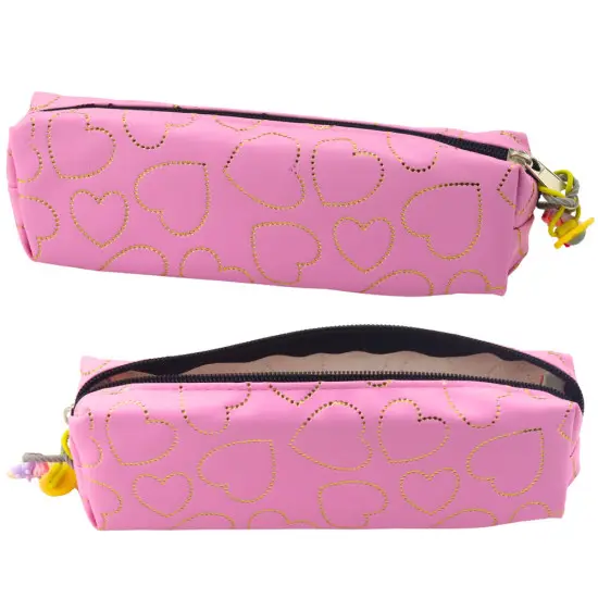 School Office Pencil Case, Single Compartment, Golden Hearts, Pink, 20x6.5 cm Kancelejas preces