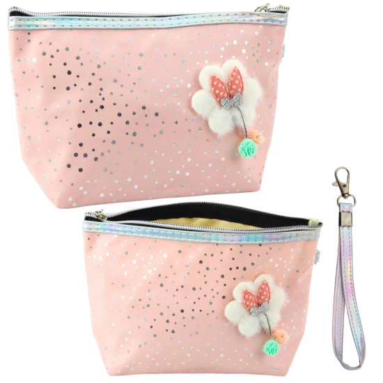 Rozā zīmuļlieta ar lenti un spīdīgiem punktiem 23 x 16 cm Vimpeļi