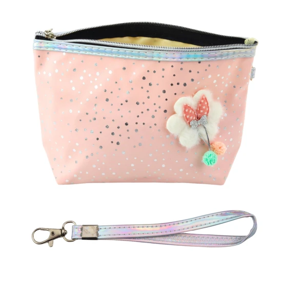 Rozā zīmuļlieta ar lenti un spīdīgiem punktiem 23 x 16 cm Vimpeļi