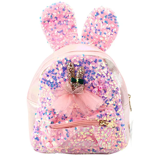 Bērnu gaiši rozā mugursoma ar mirdzumiem un truša ausīm, 22 cm, 4,4 l Mugursomas