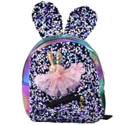 Bērnu zili violeti zilā mugursoma ar spīdumiem un truša ausīm, 22 cm, 4,4 l