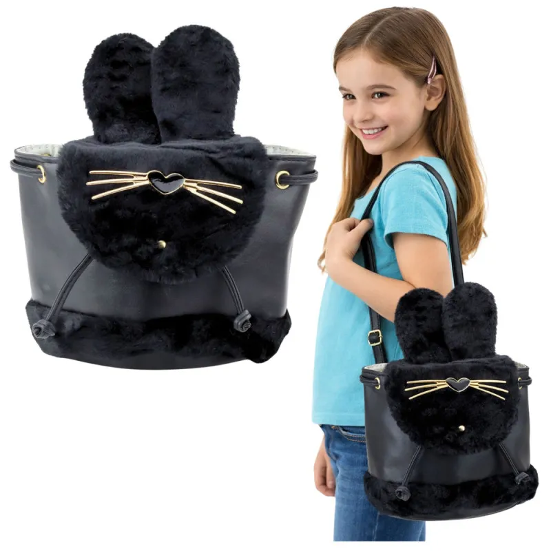 Bērnu melna mugursoma ar plīša ausīm, regulējama siksna, 22 cm, 4 l Mugursomas