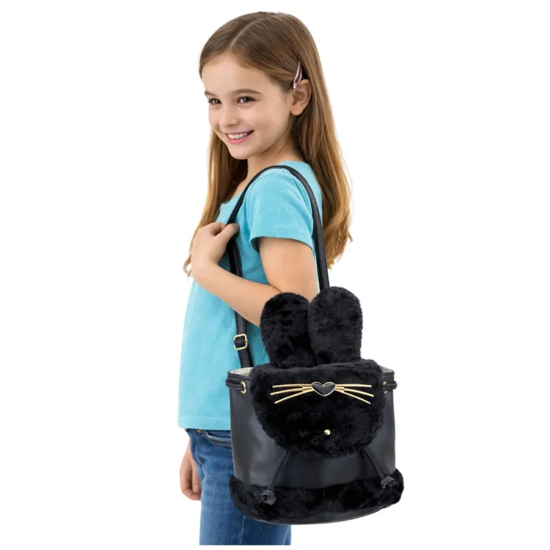 Bērnu melna mugursoma ar plīša ausīm, regulējama siksna, 22 cm, 4 l Mugursomas