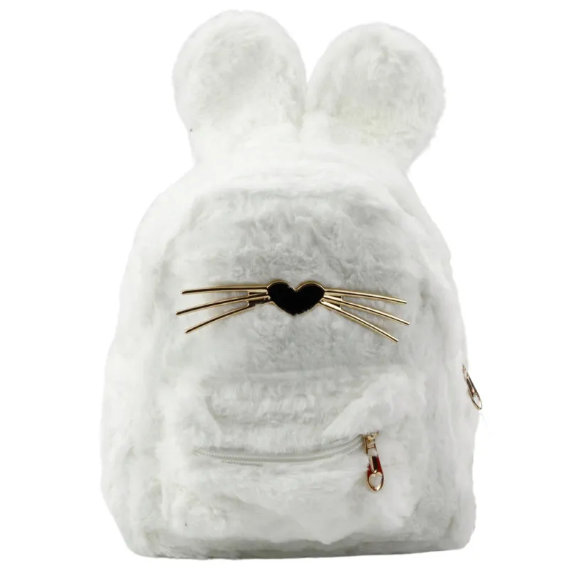 Bērnu balta plīša mugursoma ar ausīm, degunu un ūsām, truša forma, balta, 3 l, 22 cm Mugursomas