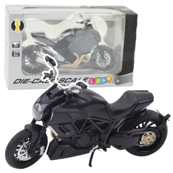 Melns metāla sporta motocikls ar gaismām un zelta detaļām, 1:12