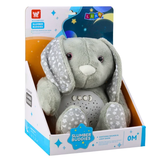 Pelēks plīša trusis ar projektoru un šūpuļdziesmu Zīdaiņiem