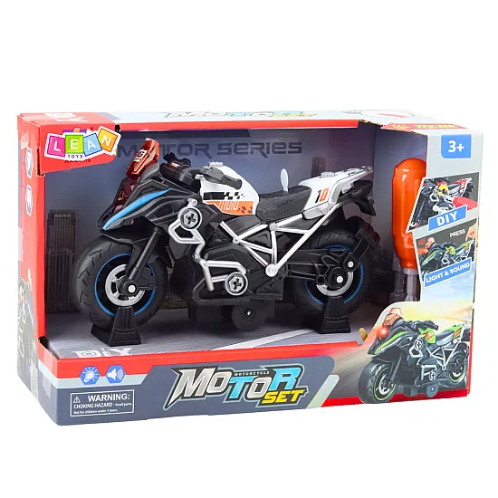 Melns sacīkšu spinning motocikls ar gaismas un skaņas efektiem
