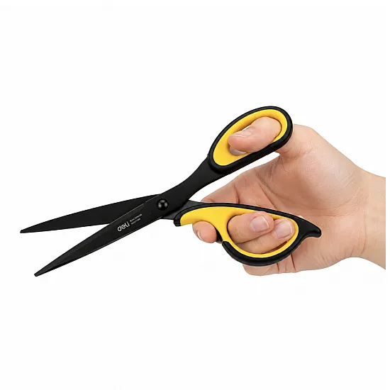 Melnas un dzeltens nerūsējošā tērauda biroja šķēres, 18,4 cm