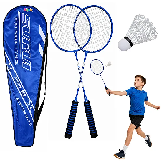 Mėlynos spalvos badmintono rinkinys su raketėmis