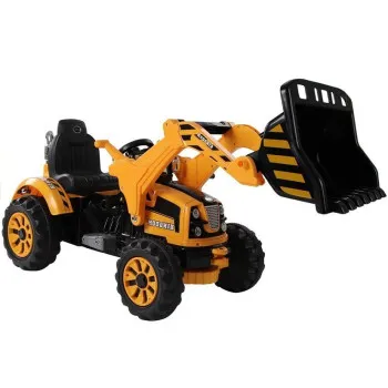 Ar akumulatoru darbināms oranžs traktors ar kausu