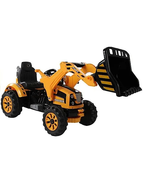 Ar akumulatoru darbināms oranžs traktors ar kausu