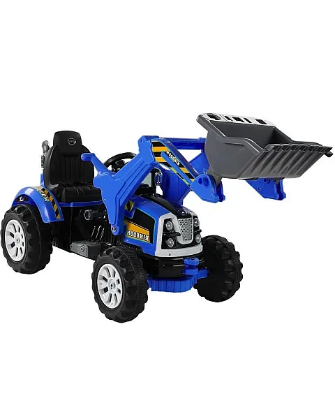 Ar akumulatoru darbināms zils traktors ar kausu