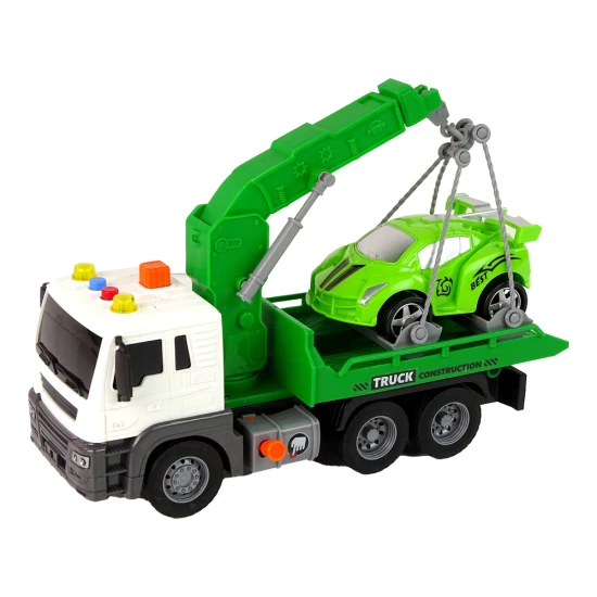 Car Transporter Roadside Assistance Tow Truck 1:16 Green Sound Lights Rotaļlietu automašīnas