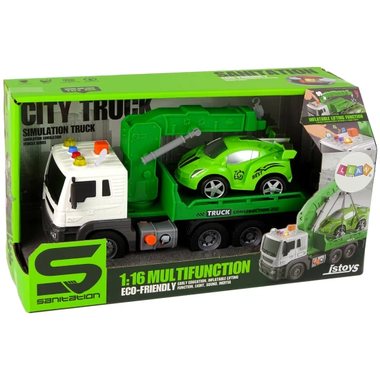 Car Transporter Roadside Assistance Tow Truck 1:16 Green Sound Lights Rotaļlietu automašīnas