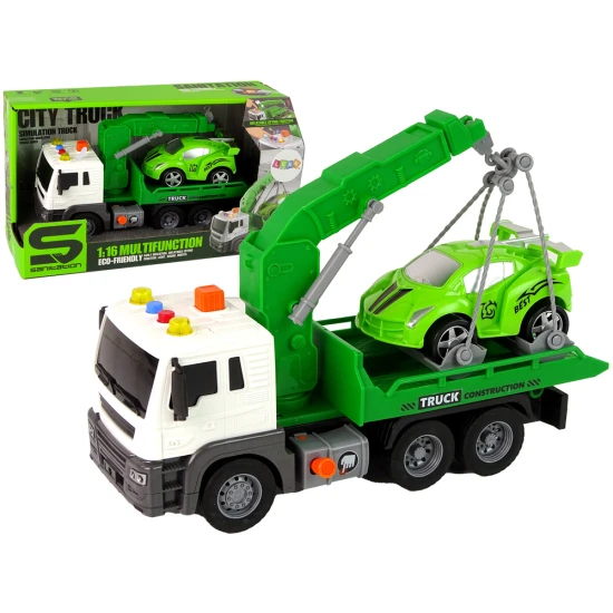 Car Transporter Roadside Assistance Tow Truck 1:16 Green Sound Lights Rotaļlietu automašīnas