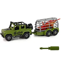 Zaļš apvidus auto ar dinozauru pārvadāšanas piekabi un dinozauru.