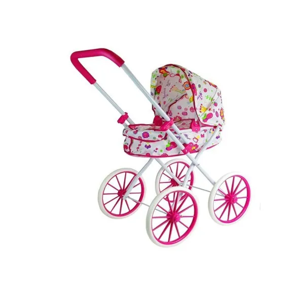 Doll Pram Retro Big Wheels Flowers Leļļu un spēļu komplekti