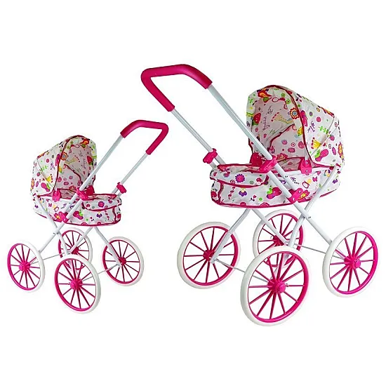 Doll Pram Retro Big Wheels Flowers Leļļu un spēļu komplekti