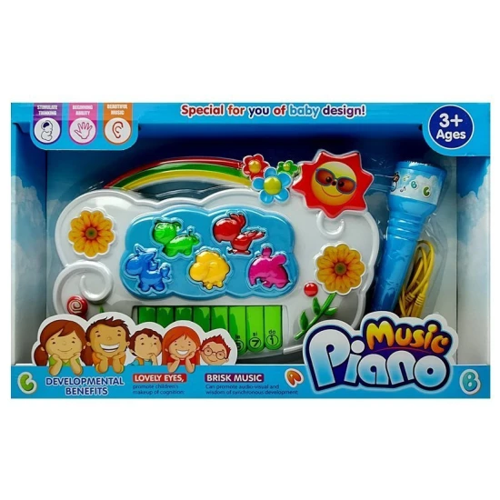 Balts elektroniskais klavieres ar zilu mikrofonu Mūzikas instrumentai