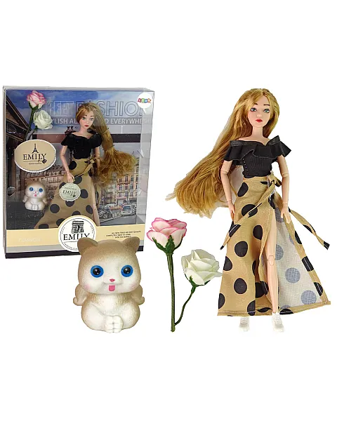 Long-haired doll Emily with a cat and roses