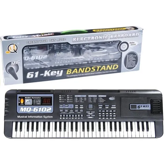 Melns pianīns ar 61 taustiņu un mikrofonu mācībām. Mūzikas instrumentai