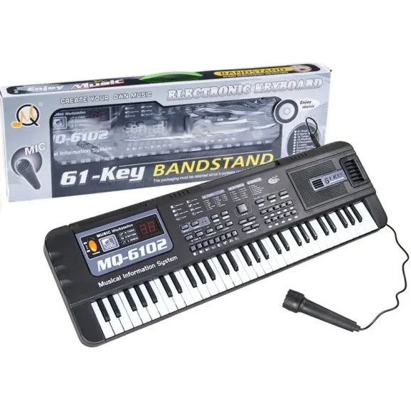 Melns pianīns ar 61 taustiņu un mikrofonu mācībām. Mūzikas instrumentai