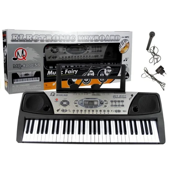 Melns klavieres bērniem ar mikrofonu un nošu statīvu Mūzikas instrumentai