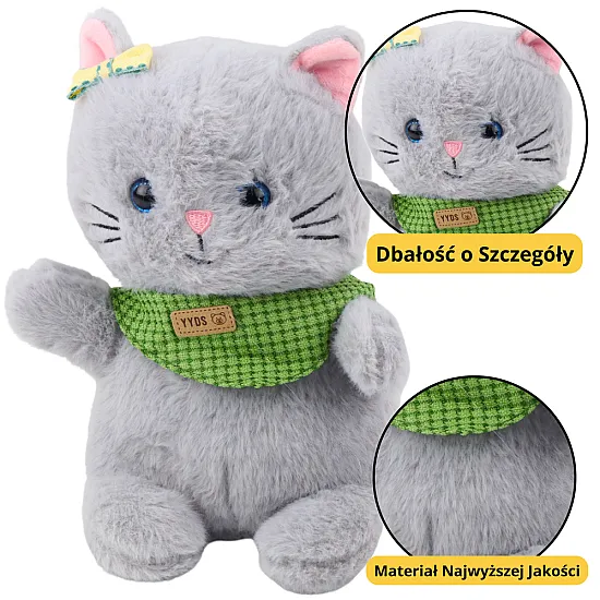 Plush Mascot Cuddly Toy Cat Gray Green Scarf Bow 22cm Plīša rotaļlietas