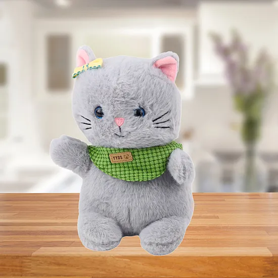 Plush Mascot Cuddly Toy Cat Gray Green Scarf Bow 22cm Plīša rotaļlietas