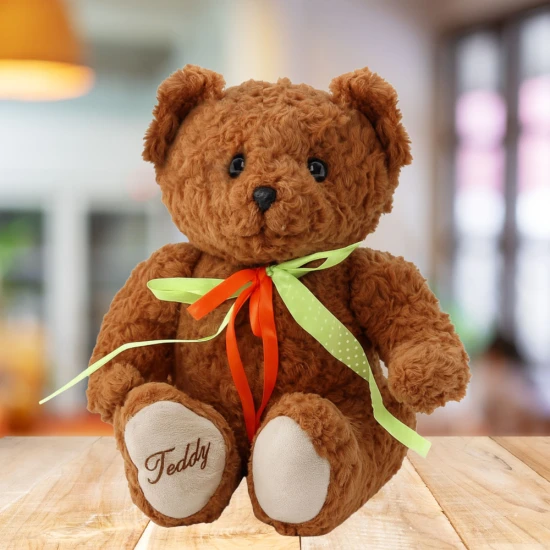 Plush Toy Teddy Bear Green-Red Bow Brown 30cm Plīša rotaļlietas