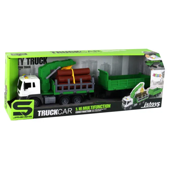 Truck With Crane Friction Drive Sounds Green Wood 1:16 Rotaļlietu automašīnas