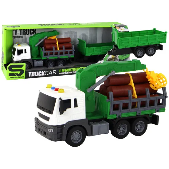 Truck With Crane Friction Drive Sounds Green Wood 1:16 Rotaļlietu automašīnas