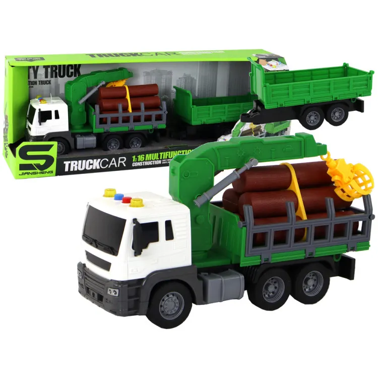 Truck With Crane Friction Drive Sounds Green Wood 1:16 Rotaļlietu automašīnas