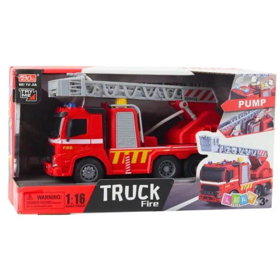 Fire Truck Fire Department Ladder Lights Sounds Water Spray 1:16 Rotaļlietu automašīnas