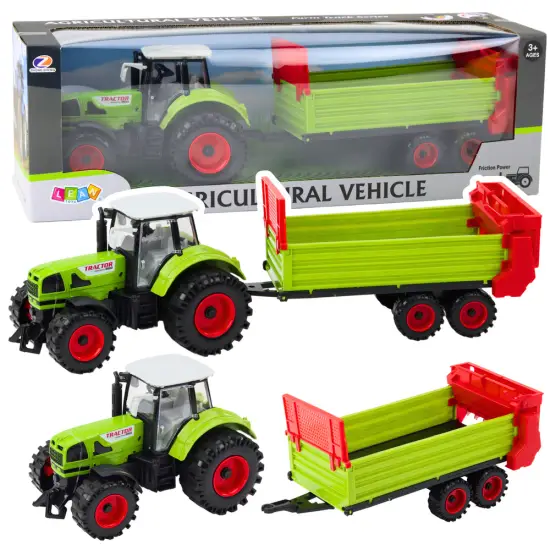 Traktors ar piekabi, berzes piedziņa, atverams motora pārsegs, durvis, zaļš