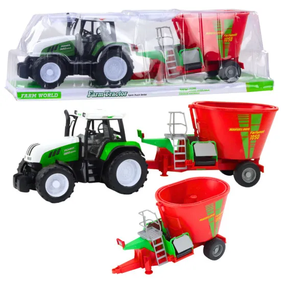 Green Agricultural Tractor with Trailer and Feed Mixer 50cm Mänguautod