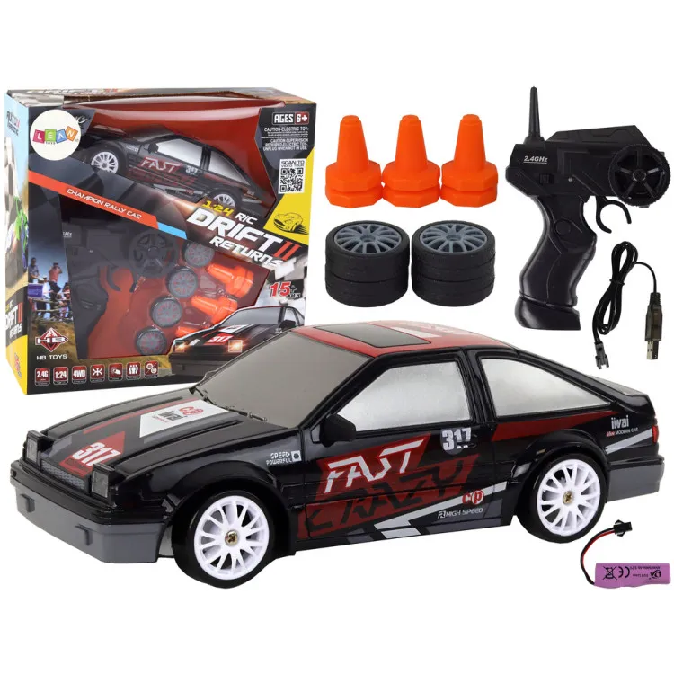 Tālvadības pults vadāma sporta automašīna R/C 1:24 melnā krāsā ar maināmiem riteņiem Radio vadāmās rotaļlietas
