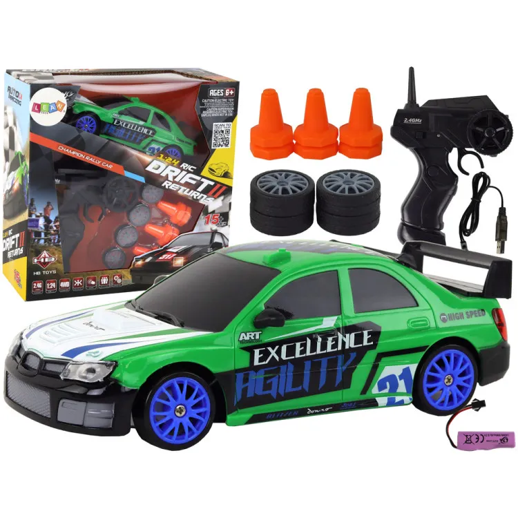 Tālvadības pults vadāma sporta automašīna R/C 1:24 Zaļā krāsā ar maināmiem riteņiem Radio vadāmās rotaļlietas